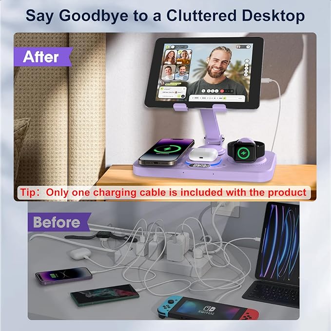 30W Charging Station for Apple Products, Foldable Wireless Charger with Clock Display&7 Color Light, Wired Charging for iPad/Tablet Charging Station for iPhone17, for Apple Watch11 for AirPods4(Purple