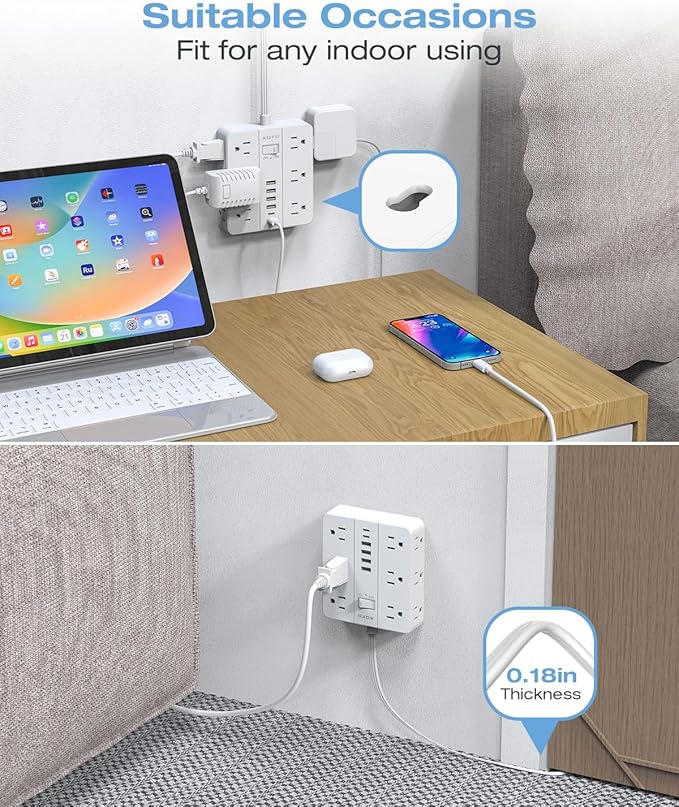 AOFO 25FT Surge Protector Power Strip,12 AC Outlets with 6 USB Ports (2 USB-C), Flat Plug Extension Cord with Multiple Outlets, Wall Mount for Home Office,Dorm, White