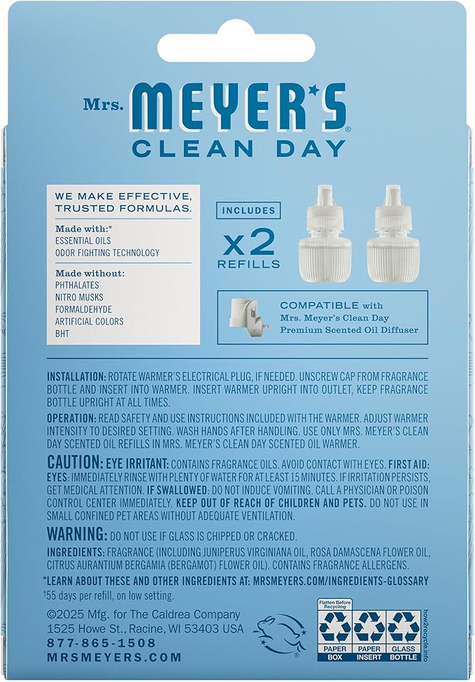 MRS. MEYER'S CLEAN DAY Scented Oil Refills, Rain Water, contains 2 .67 fl oz refills