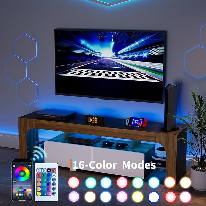 IDEALHOUSE LED TV Stand for 55 to 75 Inch TV, Walnut Entertainment Center with Storage Drawer & Glass Shelves, Modern TV Console Table with Color Changing Lights for Living Room Bedroom