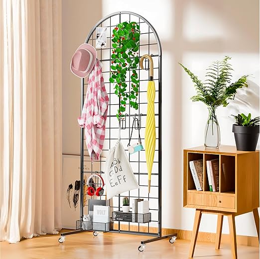 Asee'm Grid Wall Panels Display Stand 2' x 5.2' FT Black Movable Wire Grid Wall Display Rack Heavy Floorstanding Detachable Girdwall Panel with T-Base for Craft Show Rack, Retail Displays 1PCS
