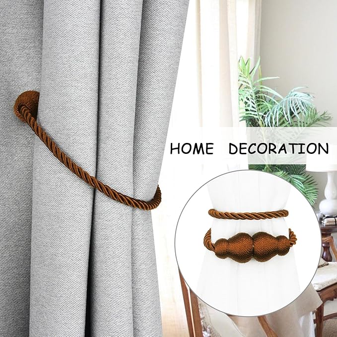 Nieffeiy Magnetic Curtain Tiebacks Outdoor Curtain Tie Backs Rope Decorative Magnetic Curtain Holders for Drapes Window Treatment Holdbacks, Coffee 6Pack