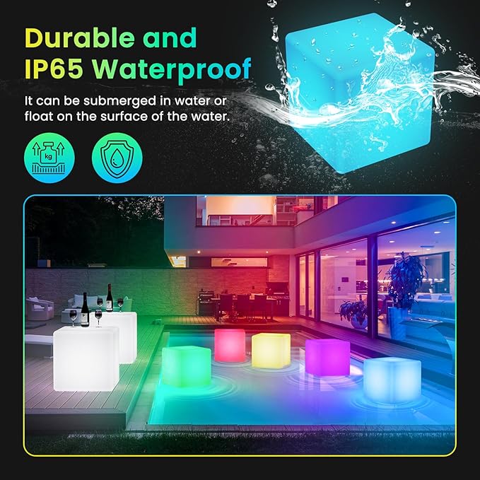 LOFTEK 20-inch LED Lighted Cube Table, Large Cube Chair Light, 16 RGB Colors Glowing Cube Seat w/Remote Cordless, Rechargeable, Waterproof, Home Outdoor Patio Pool Bar Stage Party Lighting Decoration