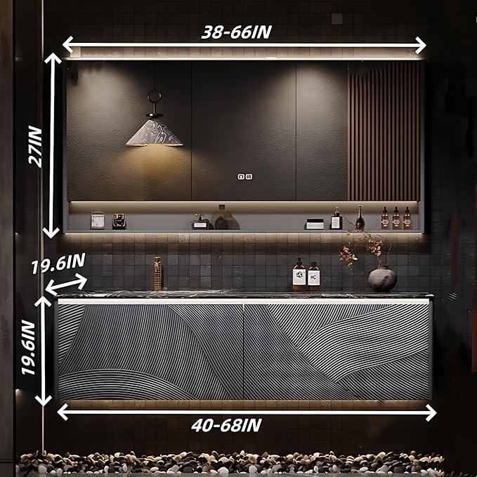 Bathroom Floating Vanity - Smart Defogging LED Lamp & Bathroom Vanities with Tops | Innovative Door Panel Design & Motion Sensor Light, Concealed Handle (B, 40IN)
