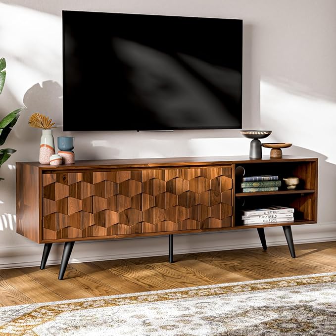 Bme Georgina 65-Inch Solid Acacia Wood TV Stand, Quick Assembly Entertainment Center with Storage, Geometric Pattern Console for Living Room, Bedroom, and Dining Room, Dark Choco
