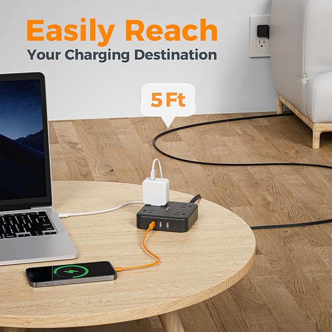 Surge Protector Flat Extension Cord 5FT, TESSAN Flat Plug Power Strip with 4 Outlets 3 USB C Ports (1 USB C), 900 Joules Protection, Multiple Wall Outlet Extender Suitable for Home Office Dorm, Black
