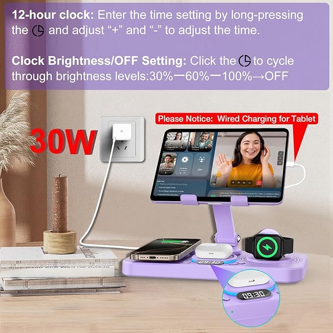 30W Charging Station for Apple Products, Foldable Wireless Charger with Clock Display&7 Color Light, Wired Charging for iPad/Tablet Charging Station for iPhone17, for Apple Watch11 for AirPods4(Purple