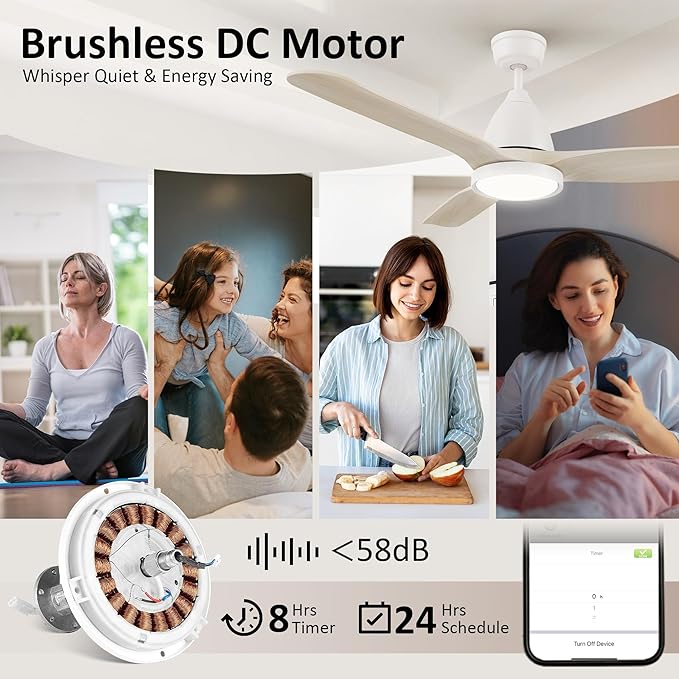 SMAAIR 52 inch Ceiling Fans with Lights and Remote, Solid Wood 6-inch Downrod Mounted, Dimmable LED Light Tri-Color Temperature, DC Reversible Motor, App Control and Voice Control (52inch, White)