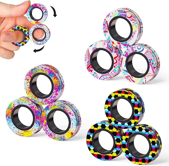 9Pcs Magnetic Rings Fidget Toys Adult Set, Idea ADHD Fidget Stress Toy Pack,Fidget Spinner Rings for Anxiety Relief Therapy Toys for Boy and Girl Ages 8-13,Teens Gift Easter Basket Stuffers