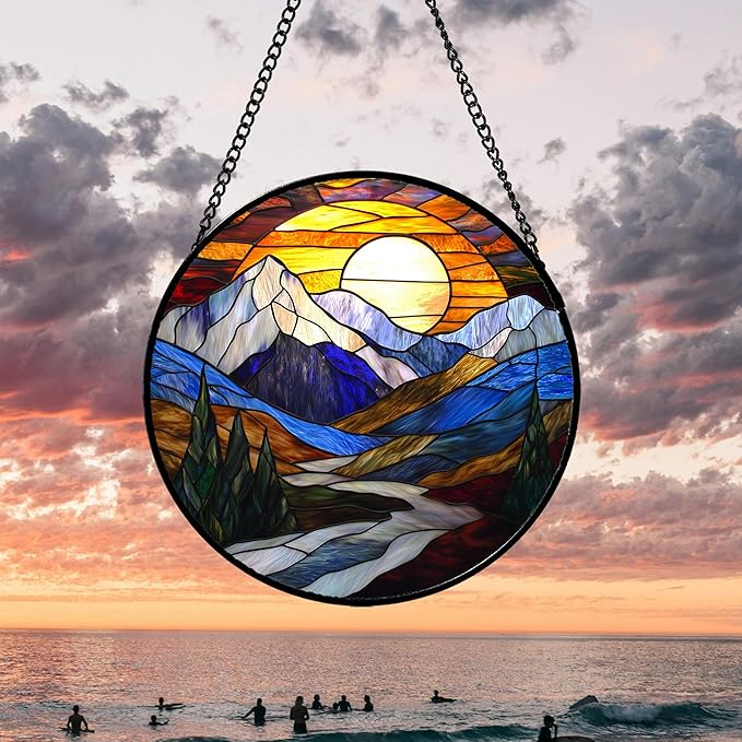 AMDERVEN Stained Glass Window Hanging, Yellow Blue Sunset Mountains Scenery Sun Catcher for Window Home Decor Landscape Suncatcher Mother's Day Birthday Gifts for Women Men Mom and Nana 9.8 in
