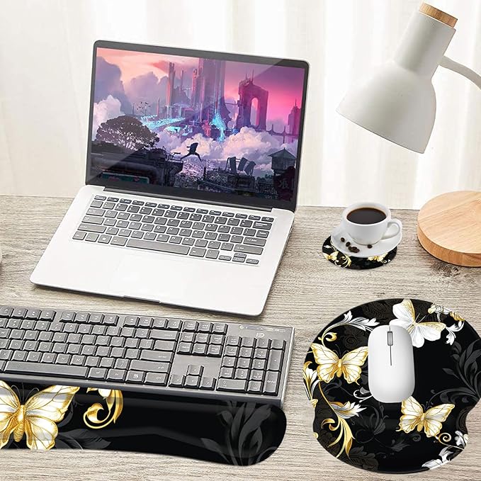 Keyboard Wrist Rest and Mouse Pad Wrist Support Set with Coasters,Non-Slip PU Base Ergonomic Gaming Mousepad for Home Office Working Studying Easy Typing & Pain Relief,Silver Golden Butterfly
