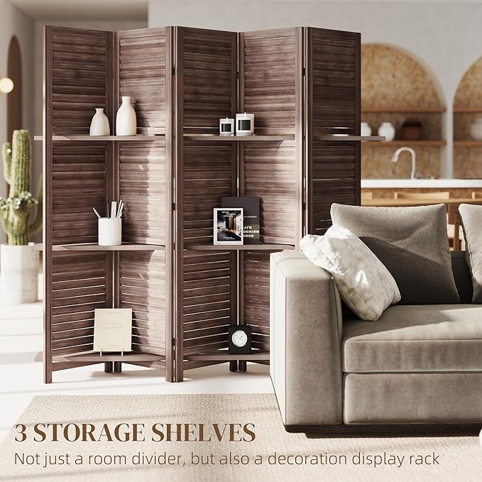 HOMCOM Room Divider, 5 Panel 67" Tall Wood Privacy Screen with 3 Display Shelves, and Folding Storage for Bedroom or Home Office, Walnut