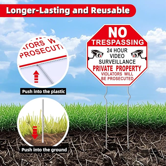 GXGGUS NO Trespassing Signs Private Property Video Surveillance Sign, 2-Pack 10"x10" Double-Sided Signs, Corrugated Plastic, Metal Stakes, Outdoor Yard Sign for Home and Front Door Land, and Garden, Lawn