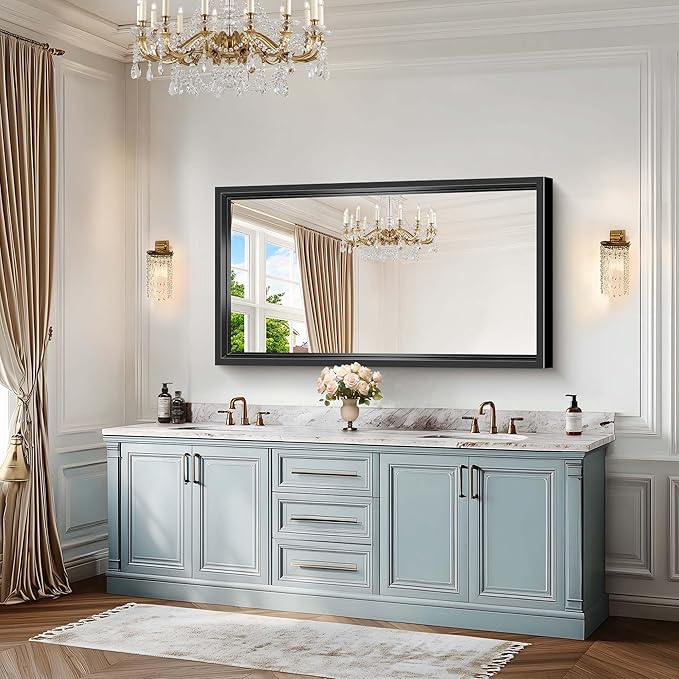 Black Rectangle Mirror, 55 x 30 Inch Bathroom Mirrors for Over Sink, 0.6" Thickened Deep Frame Brushed Black Mirrors for Wall, Shatterproof Tempered Glass, Antirust, Horizontally or Vertically