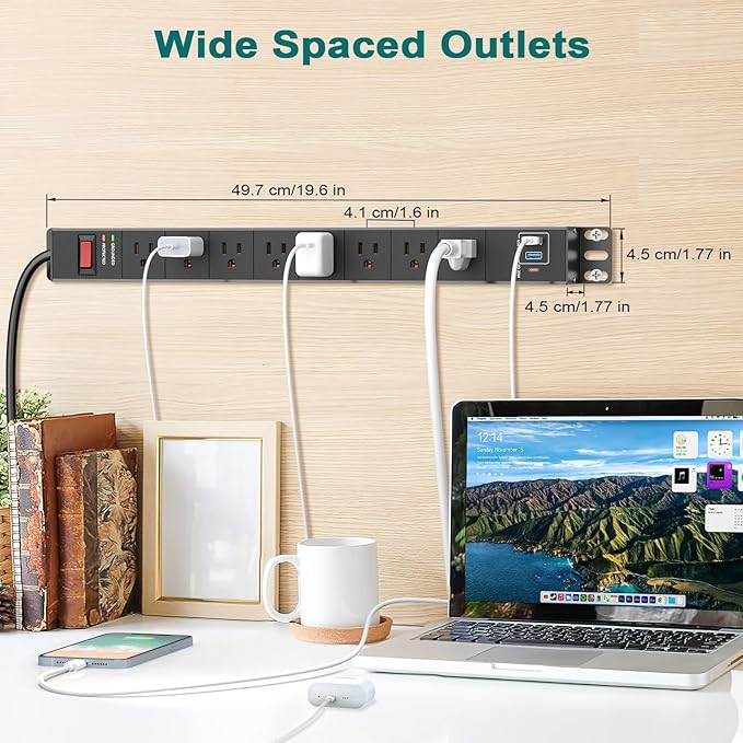 QBA 8 Outlet Metal Power Strip with USB C PD 20W, Heavy Duty Wide Spaced Outlets, Wall Mount for Home Office Garage Workshop, 6ft Cord, Black