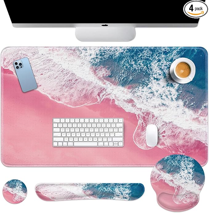 Britimes Blue Sea Keyboard Mouse Pad Set Pink Sand Beach 4in1 Large Mousepad+Keyboard Wrist Rest+Mouse Wrist Rest+Coaster Set with Ergonomic Design for Home Office Computer 35.4x15.7 inches