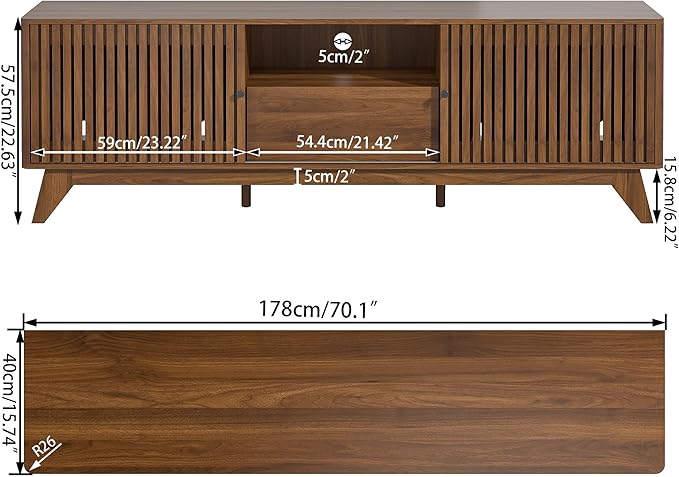 Oubayajia Mid Century Modern TV Stand for Televisions up to 70 Inches, with Sliding Doors and Storage, Curved Edge Television Stands, TV Consoles, Media Consoles for Living Room (Walnut, 70inch)