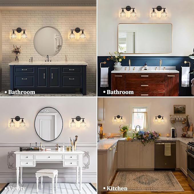 Shenmoyl Bathroom Light Fixtures, 2-Light Black Vanity Wall Light Over Mirror with Clear Tulip Glass Shade for Bedroom Living Room (Bulb Not Included)