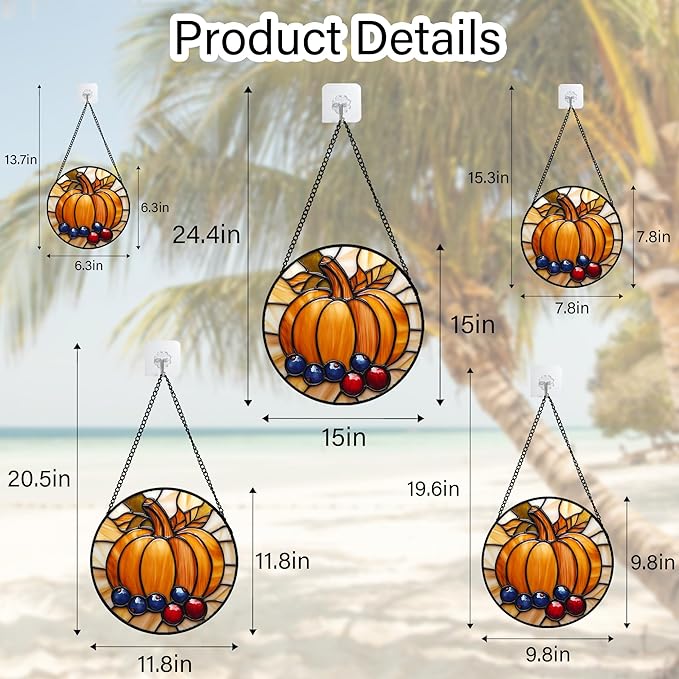DASTOLL Stained Glass Window Hanging Fall Pumpkin Berries Large 11.8" - Suncatcher Door Garden Kitchen Sunroom Sun Catcher Autumn Home Decor Birthday for Mom Grandma Men Woman