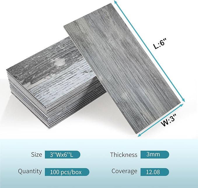 Vamos Tile 100-Piece Peel and Stick Backsplash Seamless Tile,3''x6'' Distressed Wood PVC Subway Tile,Stick on Backsplash for Kitchen/Bathroom/Laundry Room
