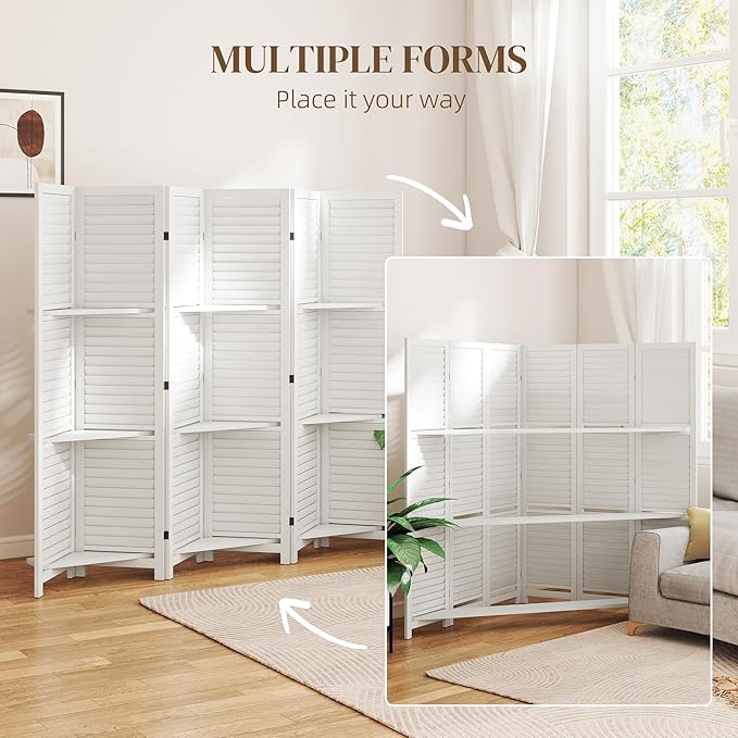 HOMCOM Room Divider, 6 Panel 67" Tall Wood Privacy Screen with 3 Display Shelves, and Folding Storage for Bedroom or Home Office, White