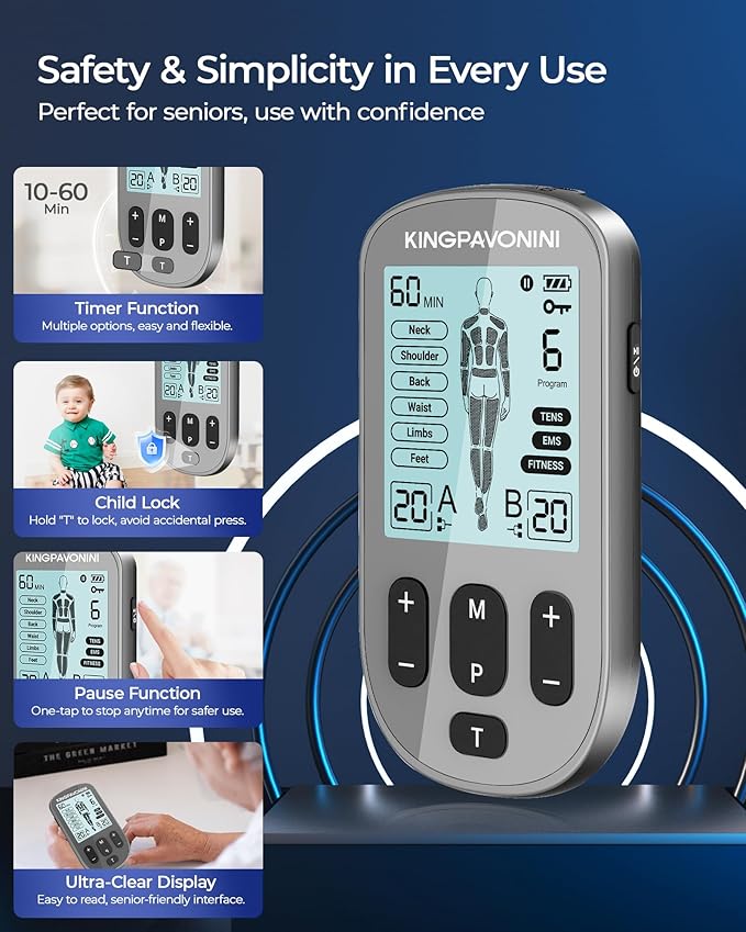 KingPavonini 3-in-1 TENS Unit Muscle Stimulator for Pain Relief Therapy, Dual Channel 36 Modes TENS Machine with 12 Pads, Rechargeable & Portable EMS Muscle Stimulator for Back, Shoulder, Neck