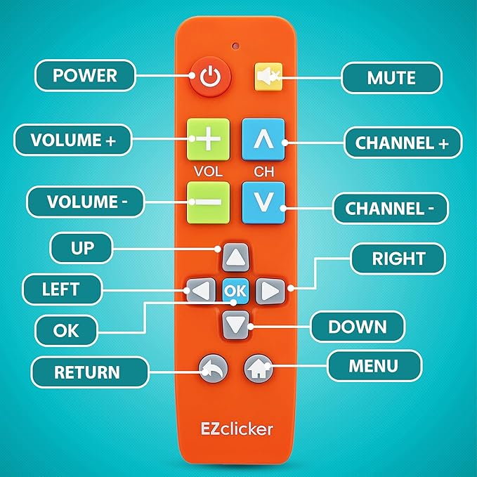 EZclicker Big Button Universal TV Remote (Orange) Simple Easy to Use, Great for Seniors, Works with Major TV Brands (2xAAA Batteries Not Included)