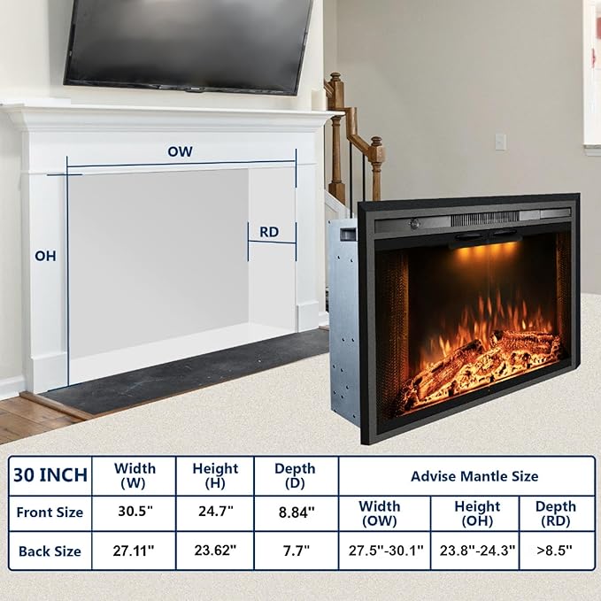 30.5" W x 25" H Trim Kit Designed for Electric Fireplace Insert, Black