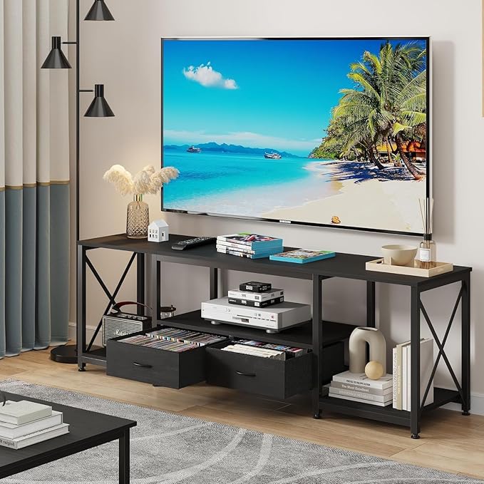GYIIYUO TV Stand with Fabric Drawer for 50 55 Inches TV - Entertainment Center and Industrial TV Console Table with Open Storage Shelves for Living Room, Bedroom - 47" Black