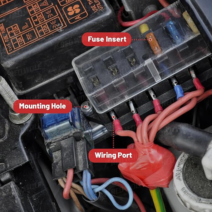 RED WOLF Car 10 Way Fuse Block Blade Fuse Box Standard Circuit Fuses Holder Fit Car Trailer Truck SUV Boat Marine Auto RV Power Distribution Panel Damp-Proof Cover DC 10-32V