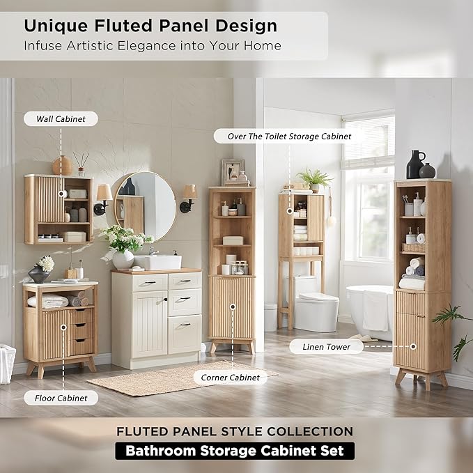 RedLemon Bathroom Wall Cabinet w/Fluted Sliding Door, Modern Medicine Cabinet w/Faux Marble Top & Adjustable Shelf, Curved Profile Wall Mounted Storage Organizer, Natural Oak Color