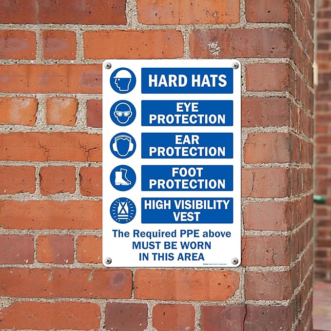 Brimar - 12" x 18" - The Required PPE Must Be Worn Sign - .055″ Polyethylene Plastic - International Mandatory Symbols - Easy Installation