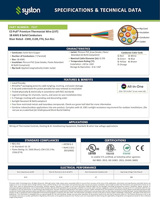 Syston 18/8 Thermostat Doorbell HVAC Heating Control Cable Wire, 100% Solid Copper Conductors CL3R/FT4/CMR Riser-Rated UL/ETL Listed, UV Resistant RoHS for Indoor/Outdoor Low Voltage Applications Use