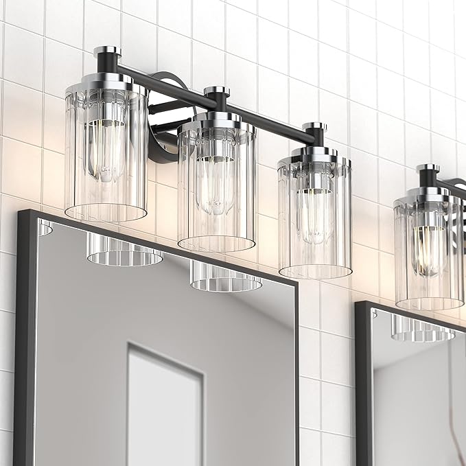PHIXART Bathroom Lighting Fixtures Black and Chrome Bathroom Vanity Light with Cylindrical Clear Stripes Glass Lampshade E26 Socket Base Bathroom Lighting Fixtures Over Mirror (3 Lights)