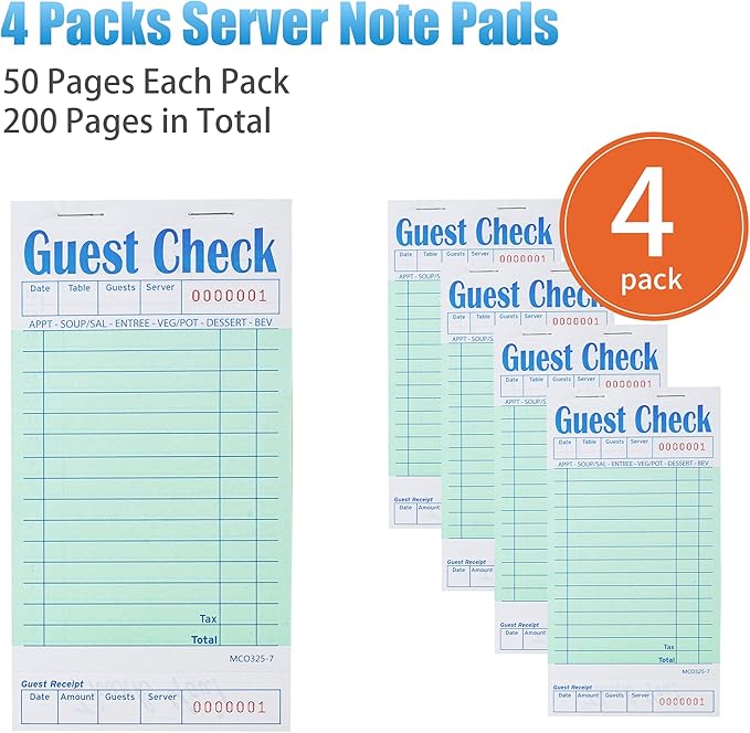 4 Pack Green Guest Checks Books for Servers Server Note Pads, Waiter Checkbook, Waitress Notepad for Restaurants, Paper Checks 50 Sheets/Pack, 200 Total Tickets