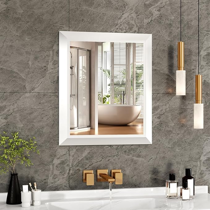 SMIROR Matte White Bathroom Mirror for Over Sink, 20”x 24” Metal Thick Framed Rectangle Vanity Mirror for Wall, Right Angle Corner, Anti-Rust, Horizontally or Vertically Mounted