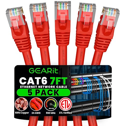 GEARit Cat 6 Ethernet Patch Cable 7 ft Red Cat6 Patch Cables 7ft Red/Ethernet by GEARit