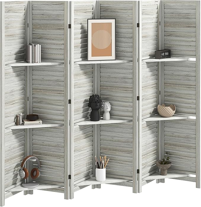 HOMCOM Room Divider, 6 Panel 67" Tall Wood Privacy Screen with 3 Display Shelves, and Folding Storage for Bedroom or Home Office, Distressed White