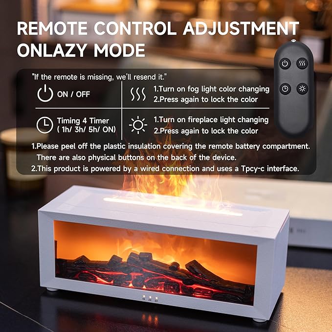 Fireplace Flame Air Diffuser Humidifier,7 Colors Aromatherapy Essential Oil Diffuser,Ultrasonic Aroma Humidifier with Timer for Home,Bedroom,Office,Yoga (WhiteA, L)