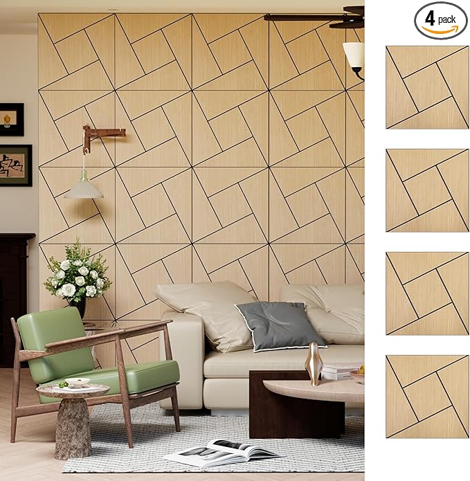 ARMURO 4 Packs Acoustic Wall Panels - Self-Adhesive 3D Wood Slat Wall Panel- Peel and Stick Sound Absorbing Panels for Noise Reducing - Feature Wall Decor for Home & Office