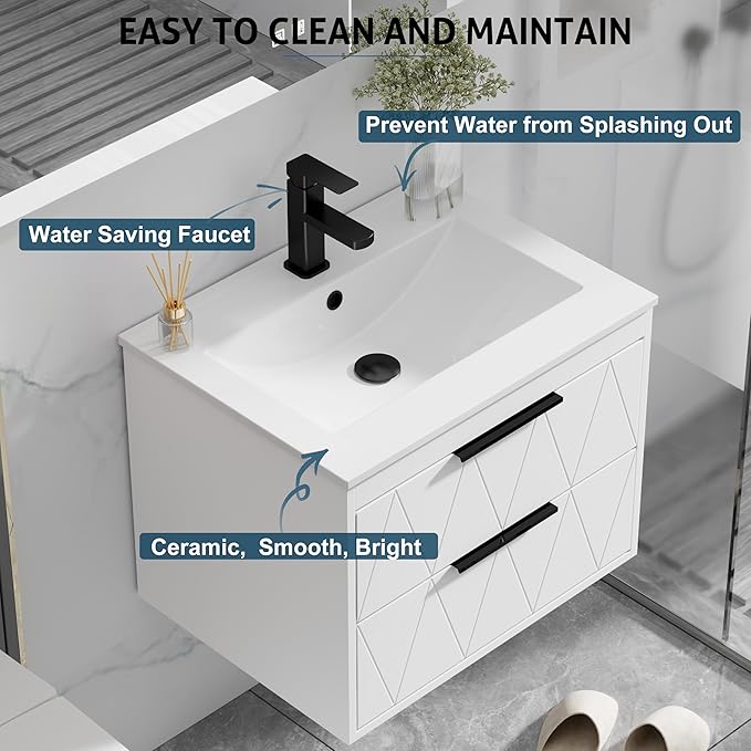eclife 24" Bathroom Vanities Cabinet with Sink Combo, Wall Mounted Floating Cabinet W/Decor Line, Soft-Close System, 2 Extra Big Drawers, Matte Black Faucet, White