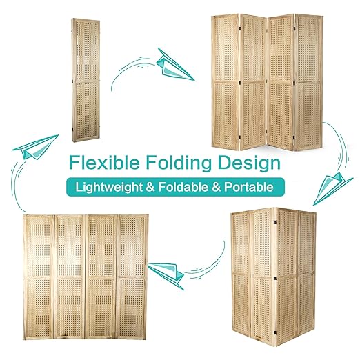 Babion 4 Panel Pegboard Display, Peg Board Room Divider Freestanding Folding Privacy Screens Display Stand for Craft Shows (Natural)