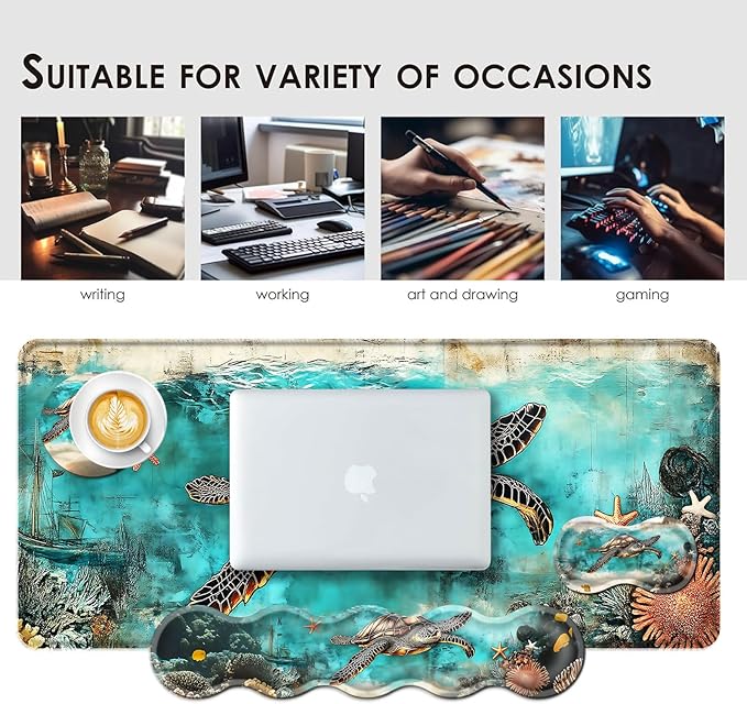 BFUKVOU Large Keyboard Mouse Pad Set, Extended Mouse Pad+Keyboard Wrist Rest Support, Memory Foam Ergonomic Easy Typing, 4Pcs (31.5×11.8 in) Desk Pad Set for Office Home,Watercolor Sea Turtle