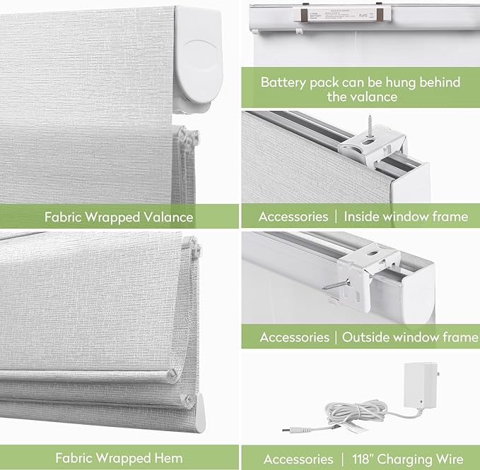 ZSTARR Smart Roman Shades Rechargeable Motorized Blinds with Remote Light Filtering Roman Window Shades Plain Fold Soft for Doors Bedroom, Custom Size (Light Gray)