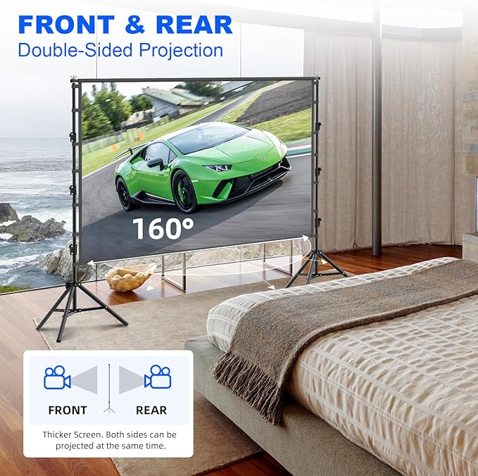 VntB Outdoor Projector Screen with Stand, 150 inch Portable Projection Screen Wrinkle-Free 16:9 4K HD Rear Front Movie Screen with Carry Bag for Indoor Home Theater, Camping and Backyard Entertainment
