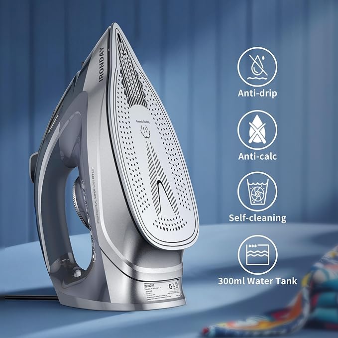 IRONDAY Steam Iron for Clothes Rapid Heating, 1700W Iron Burst of Steam, Non-Stick Ceramic Soleplate, Auto shutoff, Anti-Drip, Self-Cleaning, 10.14oz Water Tank Ironing Clothes for All Fabrics, Grey
