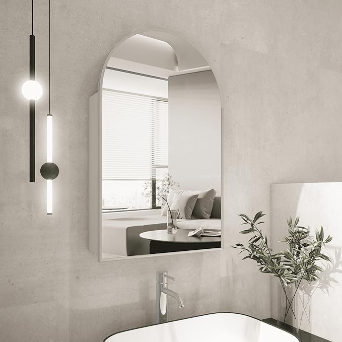 Bathroom Medicine Cabinet with Mirror Silver,Arched Wall Mounted Bathroom Cabinet with Mirror,Vanity Mirror with Storage,Mirrored Cabinet with Adjustable Shelves,Not Recessed,20x32 Inch