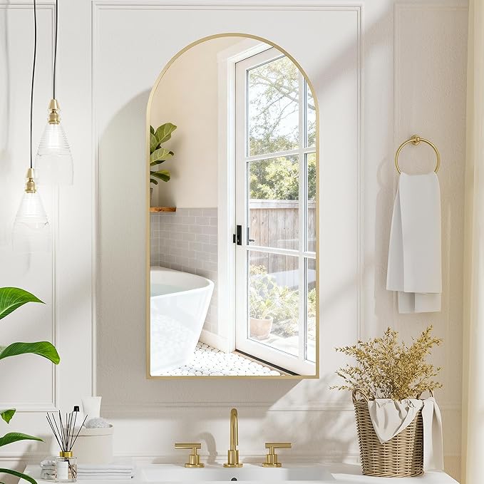 Arched Medicine Cabinet with Mirror,Brushed Gold Medicine Cabinet with Storage ,Gold Bathroom Vanity Mirror Cabinet ,Wall Mounted Only,Mirrored Medicine Cabinets for Bathroom, Laundry Room,16x32 Inch