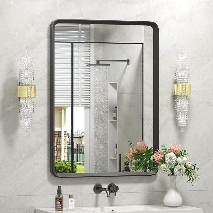 20x30 Inch Black Matte Framed Mirror for Bathroom, Rounded Rectangle Bathroom Vanity Mirror for Wall, Anti-Rust, Shatterproof (Horizontal/Vertical)