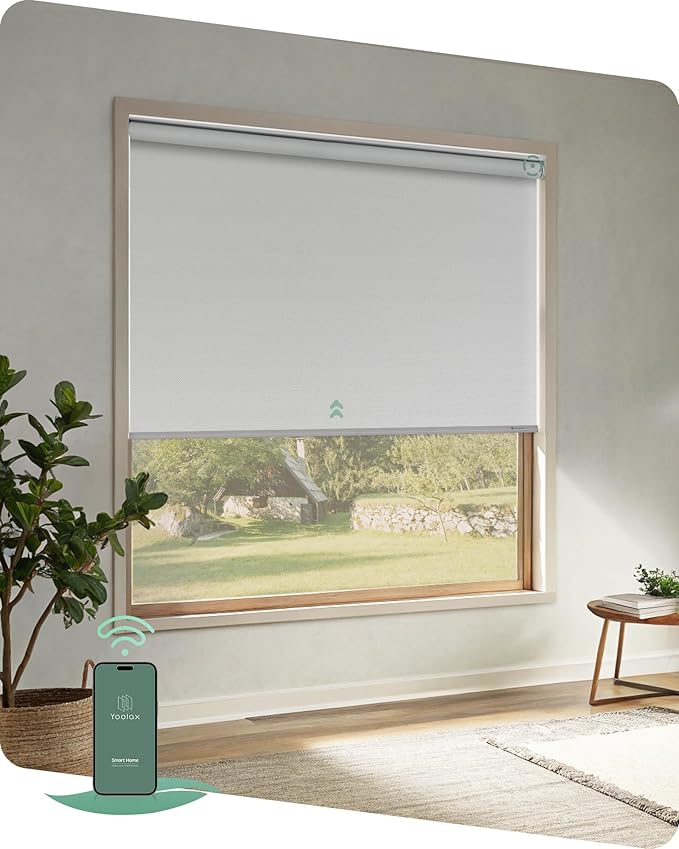 Yoolax Motorized Blinds App Control, Blackout Roller Shades for Windows, Cordless Automatic Shades Roller Window Blinds for Bedroom Living Room Office (Blackout Alpine White, 40" W x 72" H)